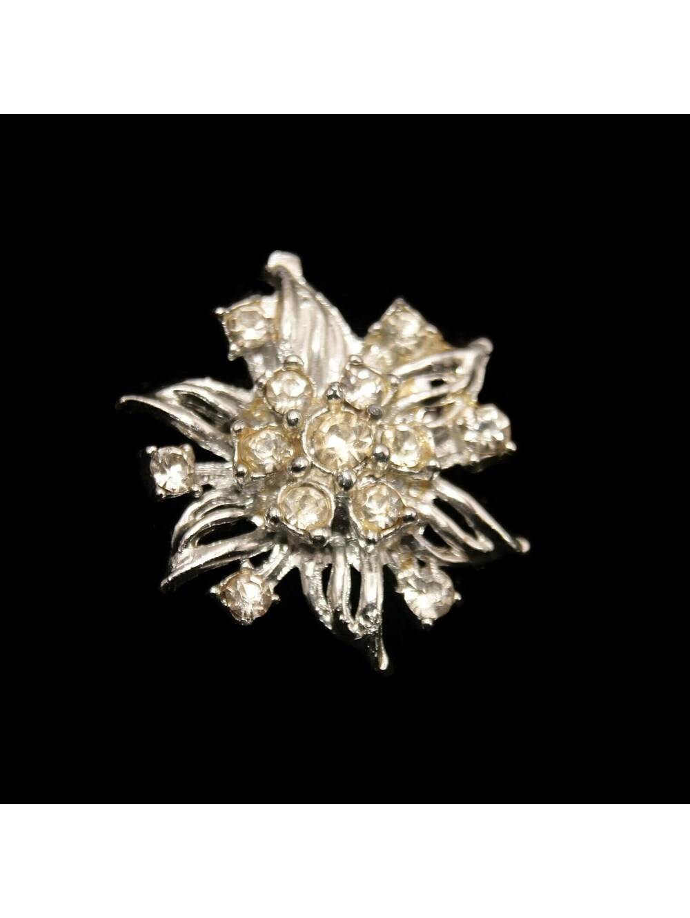 Vintage Silver Tone and Clear Rhinestones Flower Brooch.